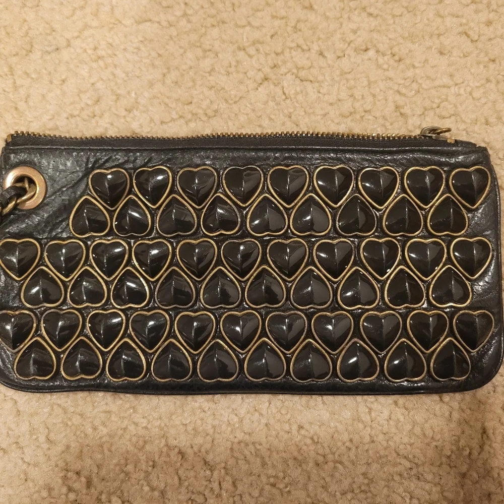 Rare Betsy Johnson Studded Black Heart Leather Clutch Chain‎ and Leather Strap